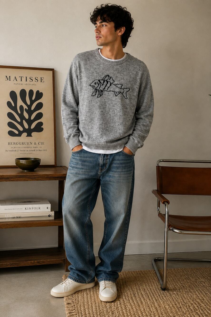 JW Anderson x Uniqlo Gray Fish Graphic Knit Sweater Men’s Large L Coastal